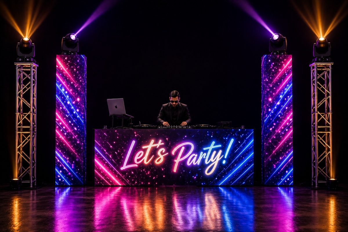 Cabina de DJ LED con diseño Let's Party